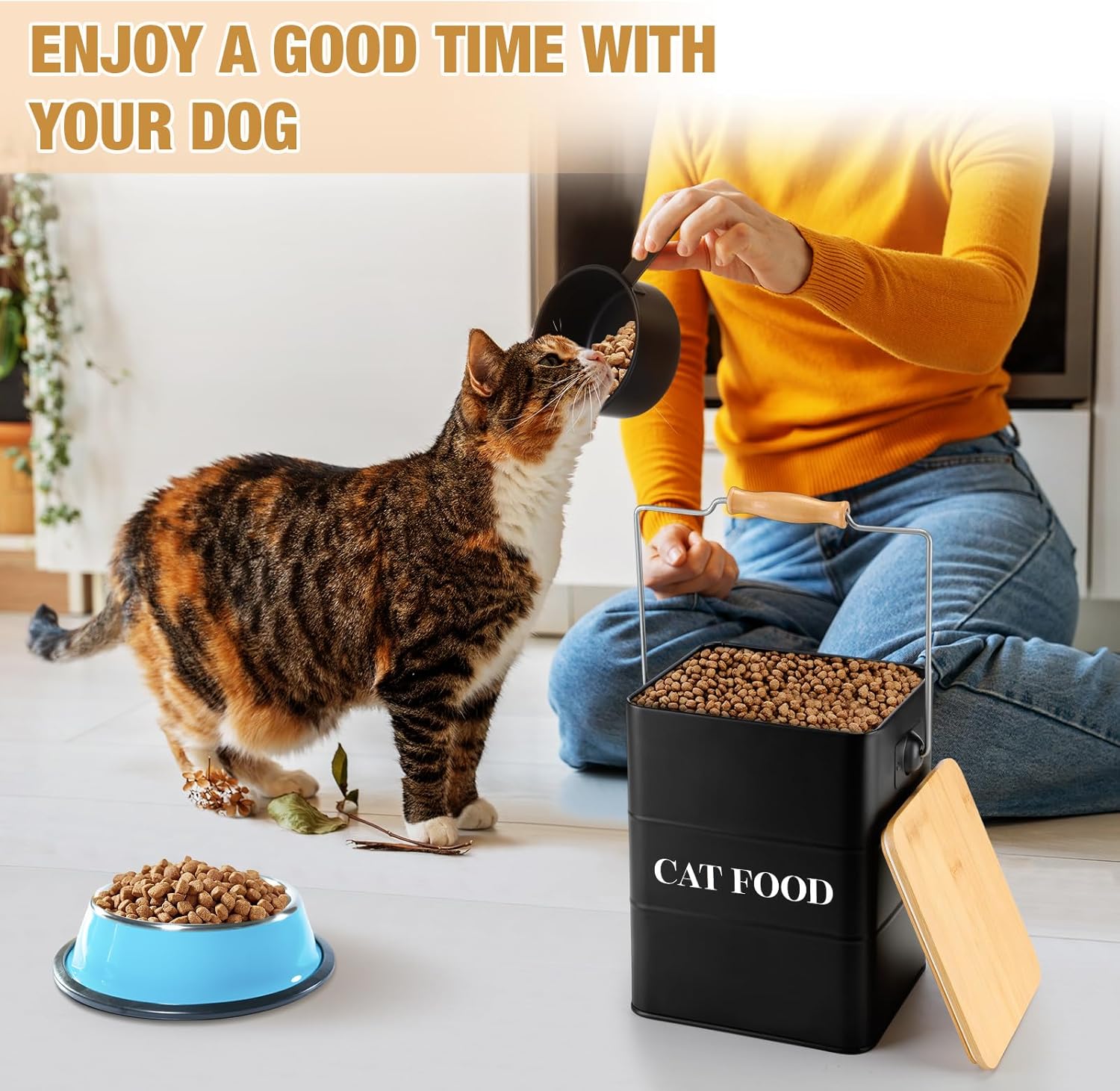 Tioncy 2 Pcs Metal Cat Food Containers with Bamboo Lids and Spoon Airtight 5-7 Lbs Cat Treat Snack Jars with DIY Labels Big Pet Cookie Storage Bin for Kitchen Counter (Black, White)