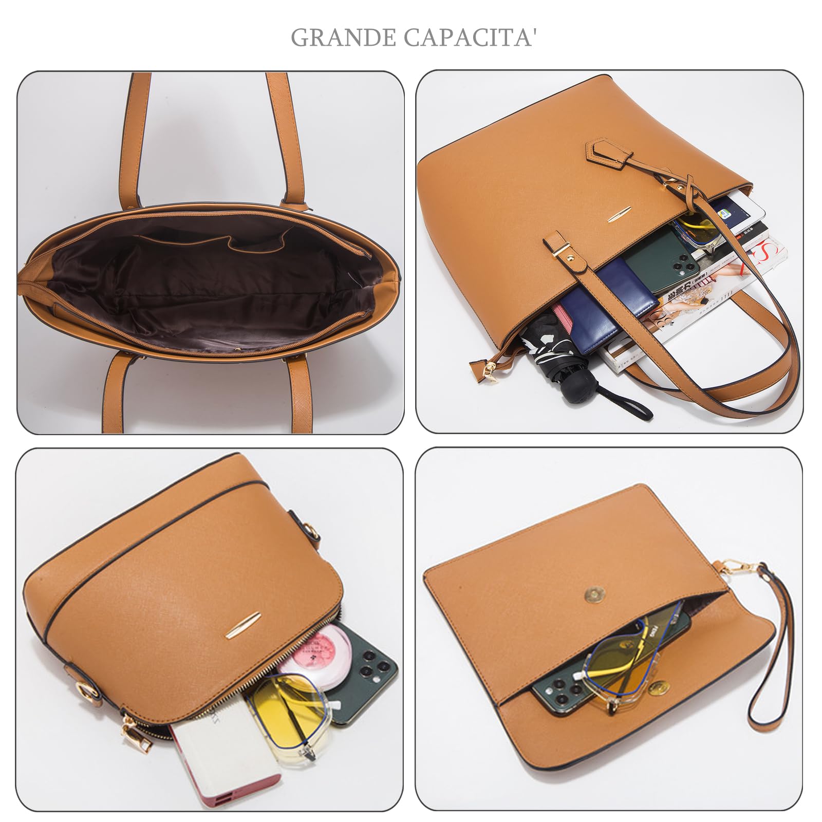 Borsa Tote Donna Grande Capacità, Borsa a Spalla Set 4 pezzi Tracolla a Mano Borse Elegante Capiente Manico Lungo per Lavoro Shopping Ufficio Scuola Viaggio Km43