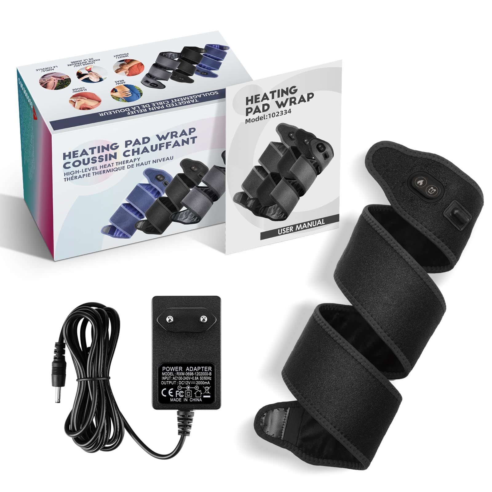 Envoltura De Almohadilla Térmica Para Brazo, Almohadilla Térmica Para Tobillo Pierna Codo Muñeca, Cinturón Envolvente Térmico Con 4 Niveles De Calefacción, 3 Ajustes De Tiempo, Adaptador -Negro