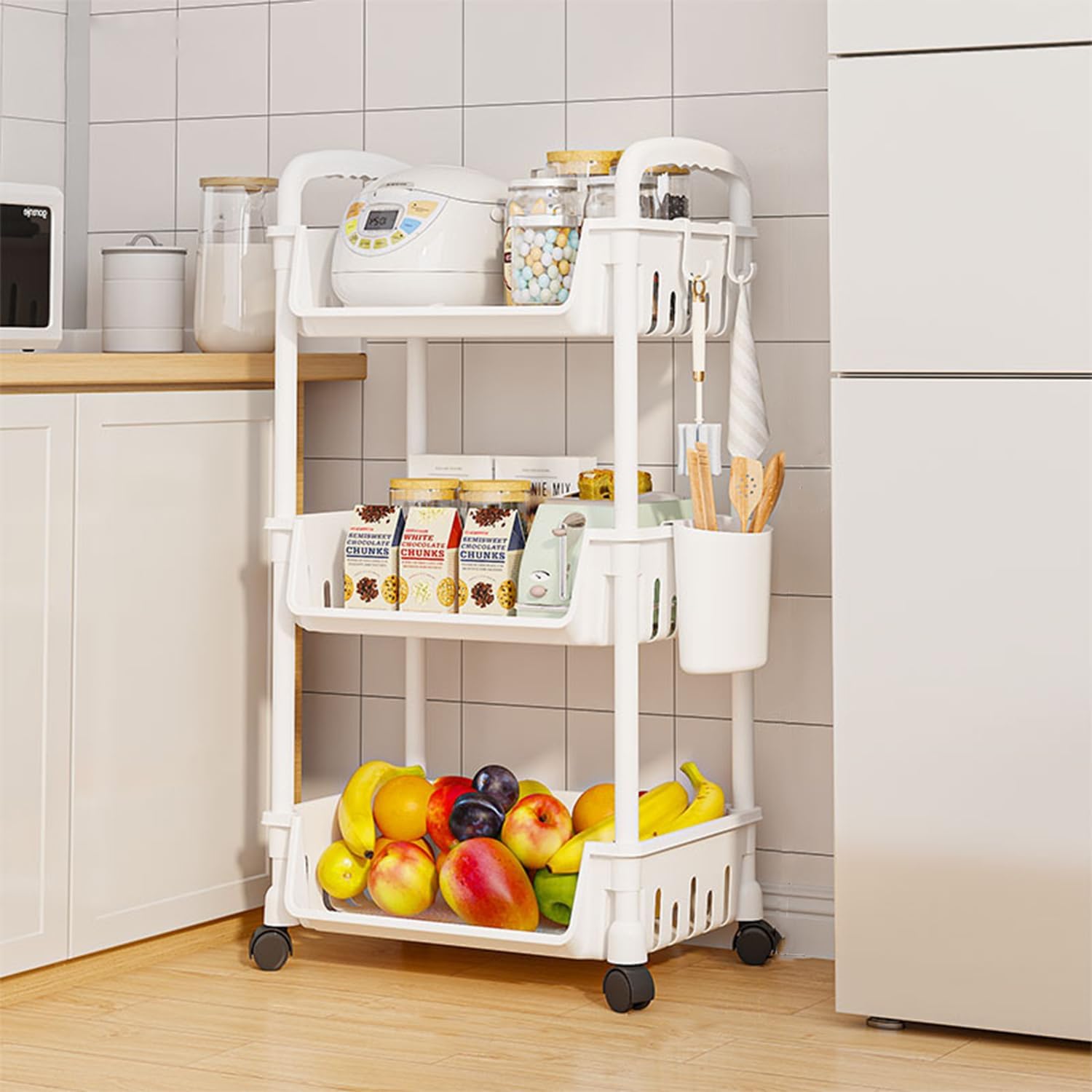 Lukzer 3-Tier Multipurpose Plastic Storage Rack with Wheels & Side Hooks | Rolling Utility Organizer Shelf for Kitchen, Bathroom, Office & Home Use – 34.5 x 25.5 x 76 cm (White) CH-094-image-3