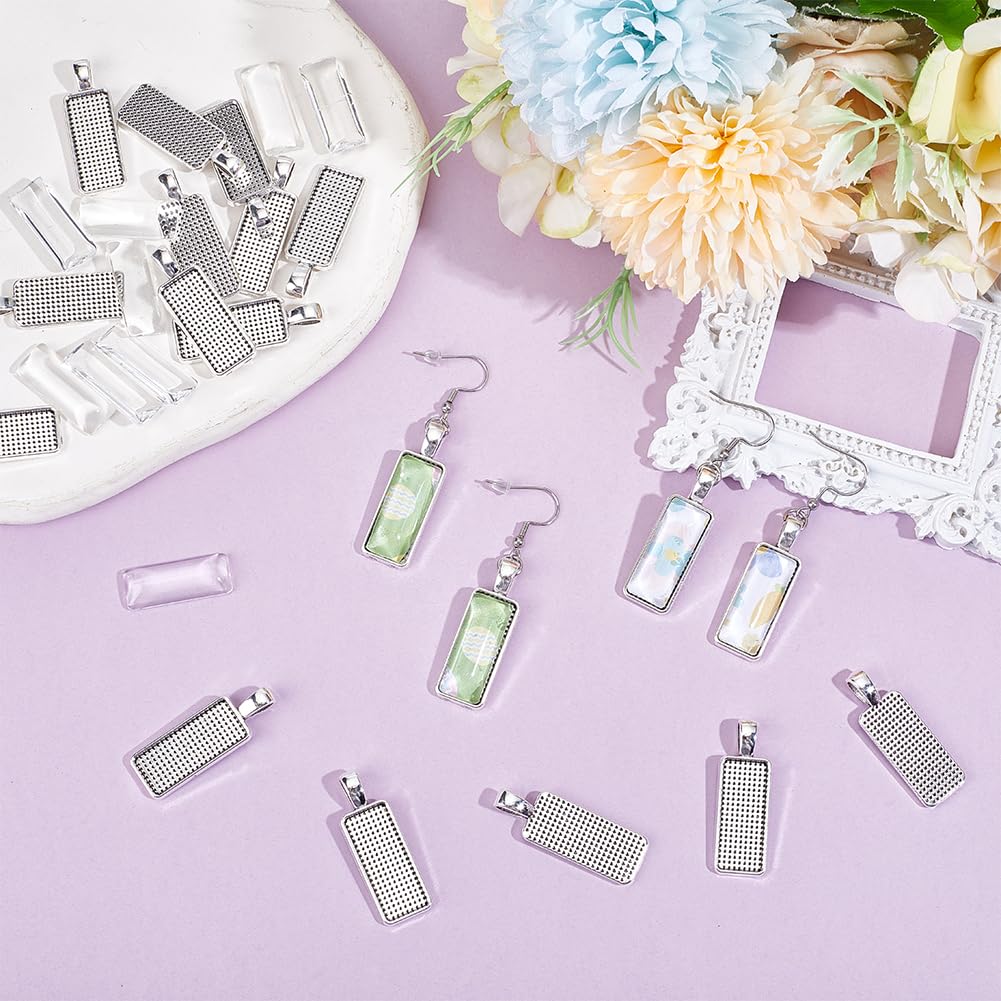 UNICRAFTALE 20 Sets 25x10mm Blank Rectangle Dangle Earring Bezels Pendant Trays Stainless Steel Earring Hooks with Rectangle Glass Cabochons for DIY Earrings Jewelry Making
