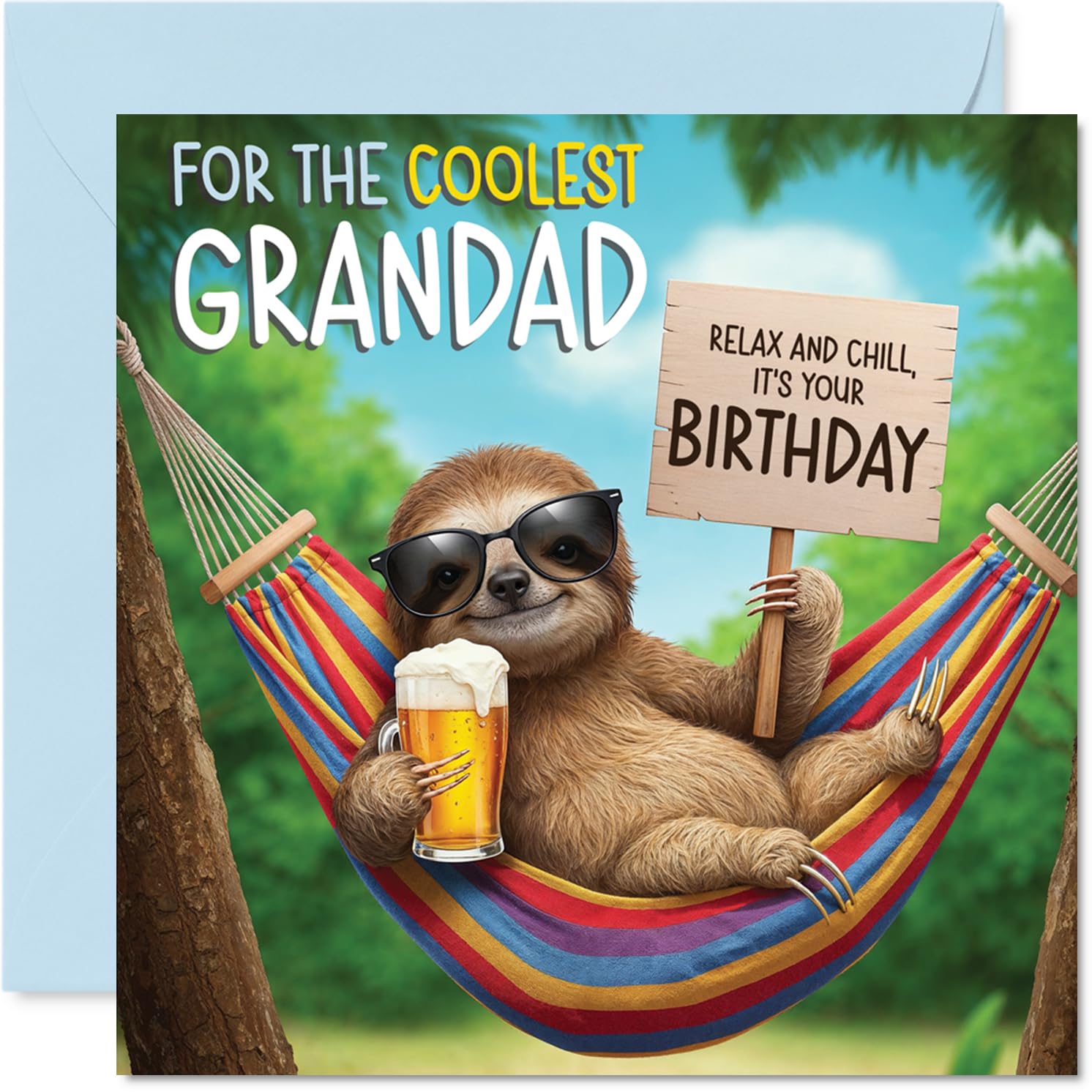 Grandad Birthday Card - Chilled Out Sloth - Happy Birthday Card for Grandad from Grandson Granddaughter, 145mm Bright and Colourful Bday Greeting Cards