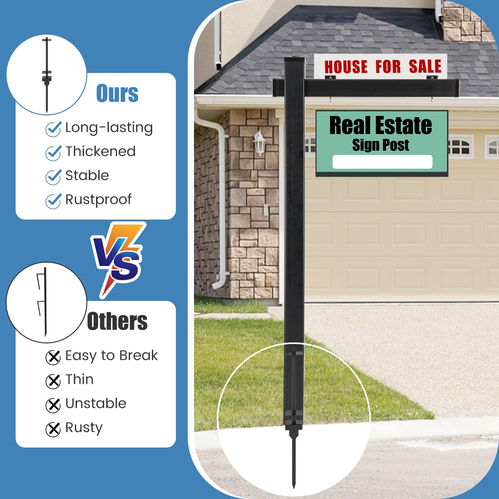 GIANTEX 183 cm Support de Panneau, Poteau de Signalisation Immobilière en PVC avec Poteau Métallique, Pinces, Support de Panneau pour Vente de Maisons, Locations, Signalisation Agricole (Noir)