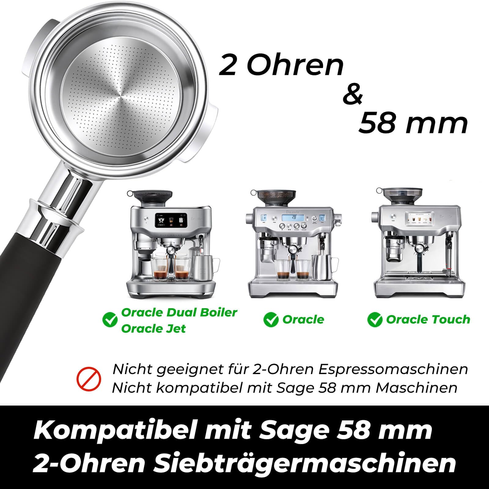 58 mm Bodenloser Siebträger mit 2 Ohren – Kompatibel mit Sage Dual Boiler/Oracle/Oracle Touch/Oracle Jet, inkl. 2 Puck Screens & Doppel‑Siebe