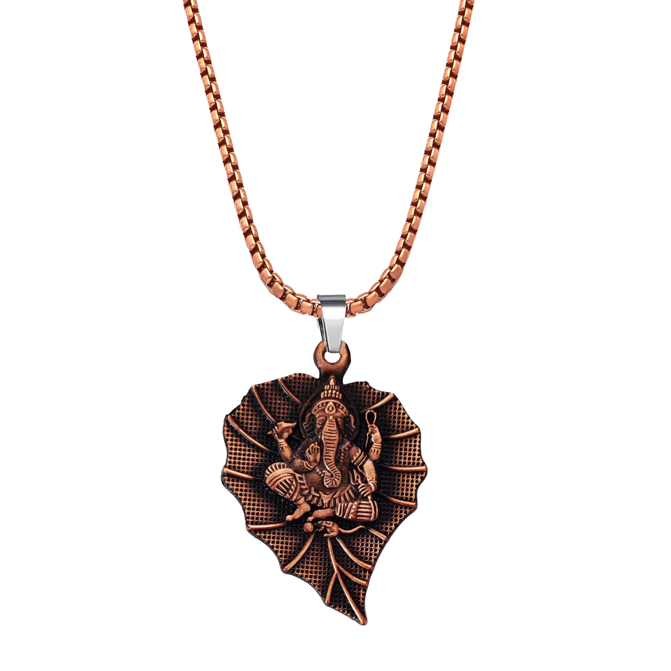 Lord Ganesha Leaf Pendant Necklace with 22 Inch Box Chain for Men & Women | Copper-Tone Hindu Spiritual Jewelry SPn2025316-image-6