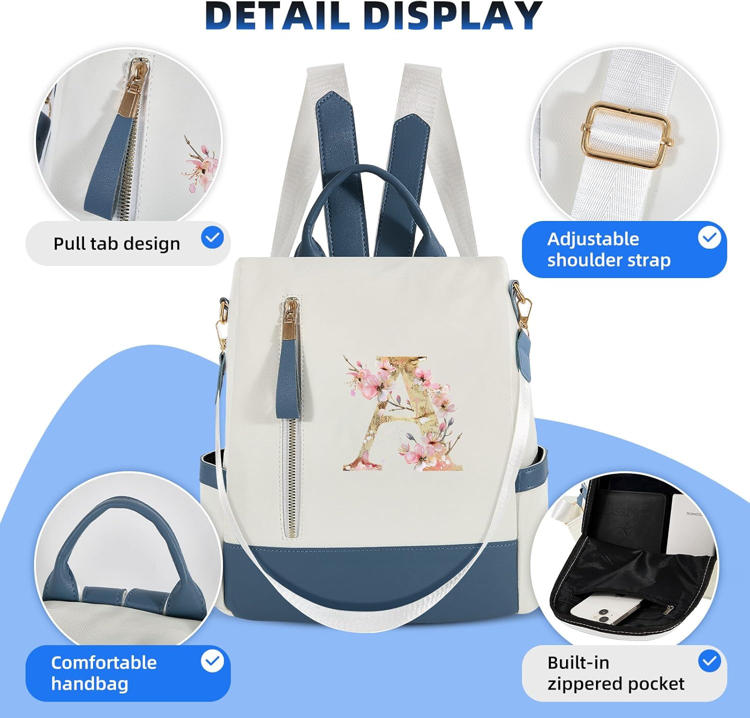 Backpack for Women & Men 11 inches Laptop Backpack with Initials Backpack Purse with Anti-Theft Pocket Tote Shoulder Bag (A) - Image 7