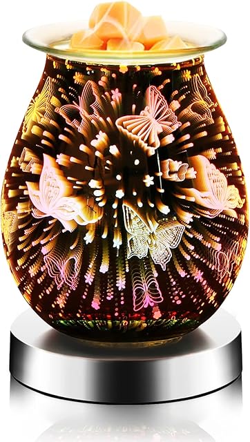 YUNYODA Touch Sensitive 3D Glass Electric Oil Burner,Wax Melts Burner with Light for Home Office Bedroom Living Room Gifts (Spare Bulb Included + Warranty)(Damage Replacement)(3D Butterfly)