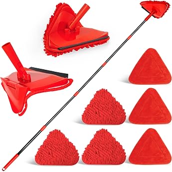 NEWE Wall Mop with 202 cm Long Handle 180  Folding Floor Mop with Squeegee Triangle Mop with 3 Chenille Pads and 3 Microfibre Pads for Washing Painted Walls Ceiling Red