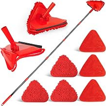 NEWE Ceiling Mop Extendable up to 202 cm, 360° Rotating Triangular Mop for Cleaning Tiles and Walls with 3 Chenille Dusters and 3 Microfibre Pads (Red)