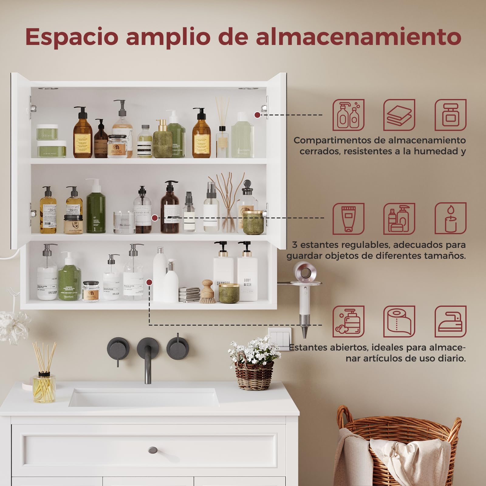 ELUCHANG Armario de Baño, con Espejo y Luz LED, Mueble Espejo de Pared, Armario baño Pared, con Soportes y Ganchos para secador de Pelo, con Interruptor, Luz Fría/Cálida/Natural,60×14×60cm,Blanco