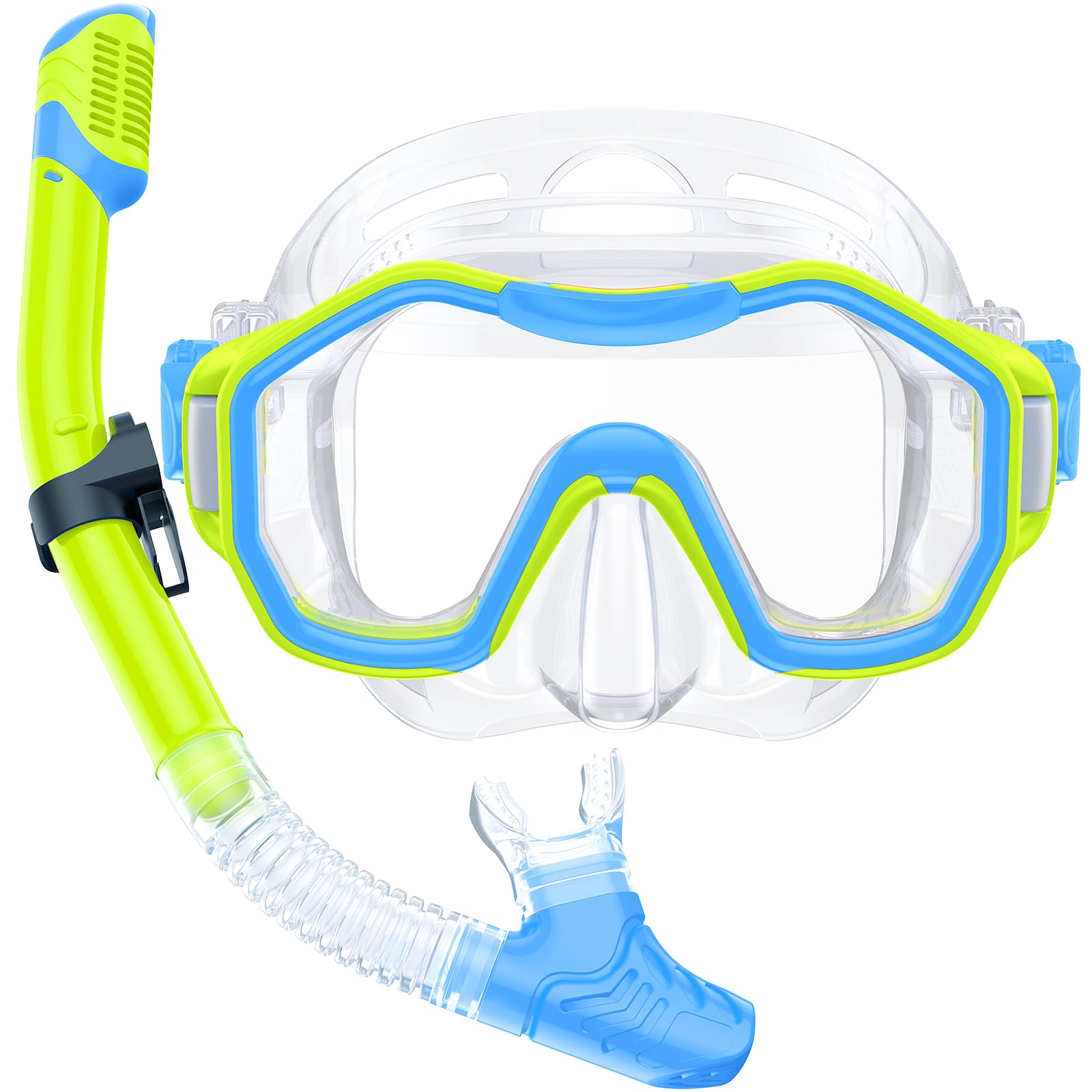 Attrezzatura da snorkeling per bambini dai 6 ai 14 anni, maschera da snorkeling panoramica a 180° per bambini che respirano liberamente per lo snorkeling, blu e giallo