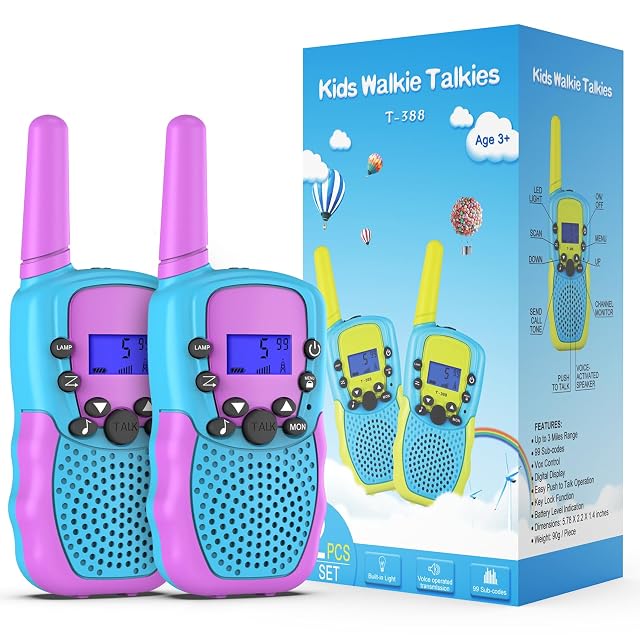 Kearui Walkie Talkie Niños, 2 Pack Walkie Talkie para Niños 8 Canales LCD Pantalla Larga Distancia 3KM, Linterna Incorporado Juguete Regalos para Niños de 3-12 Años