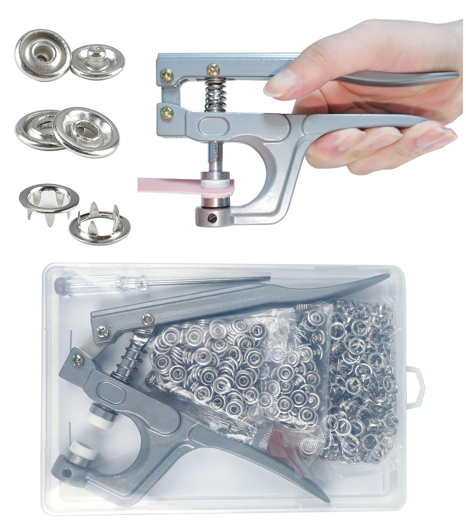Menylon 200 Sets Poppers Press Studs Kit, 9.5mm Snap Fasteners with Upgraded Easy Press Pliers, No-Sew Metal Snaps, Rustproof Snap Buttons for Clothing, Fabric, DIY ＆ Craft
