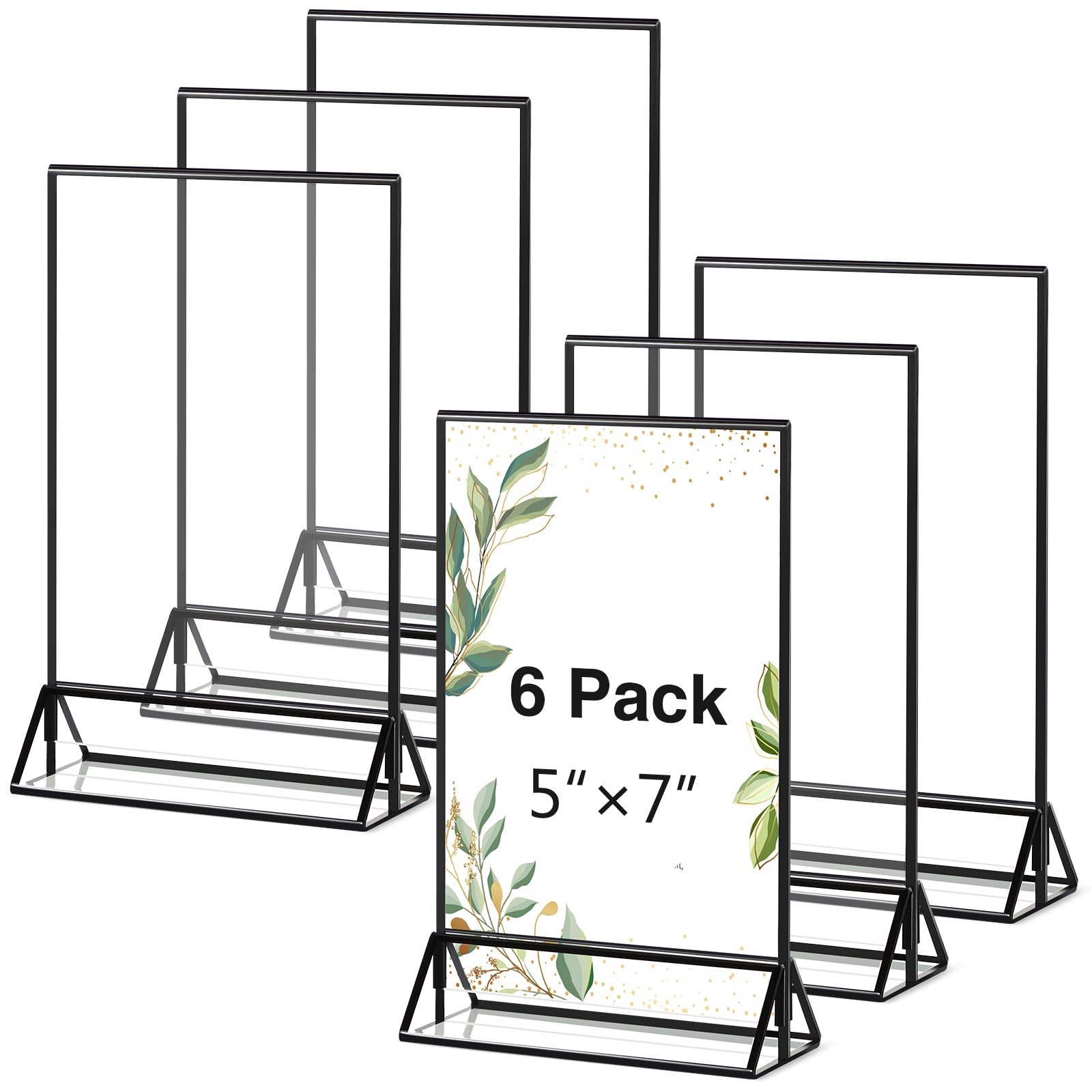 Zonon Paquete de 6 soportes de acrílico transparente de 5 x 7 pulgadas con bordes y soporte vertical, soportes de menú de mesa de doble cara para letreros de restaurante, números de mesa de fiesta de