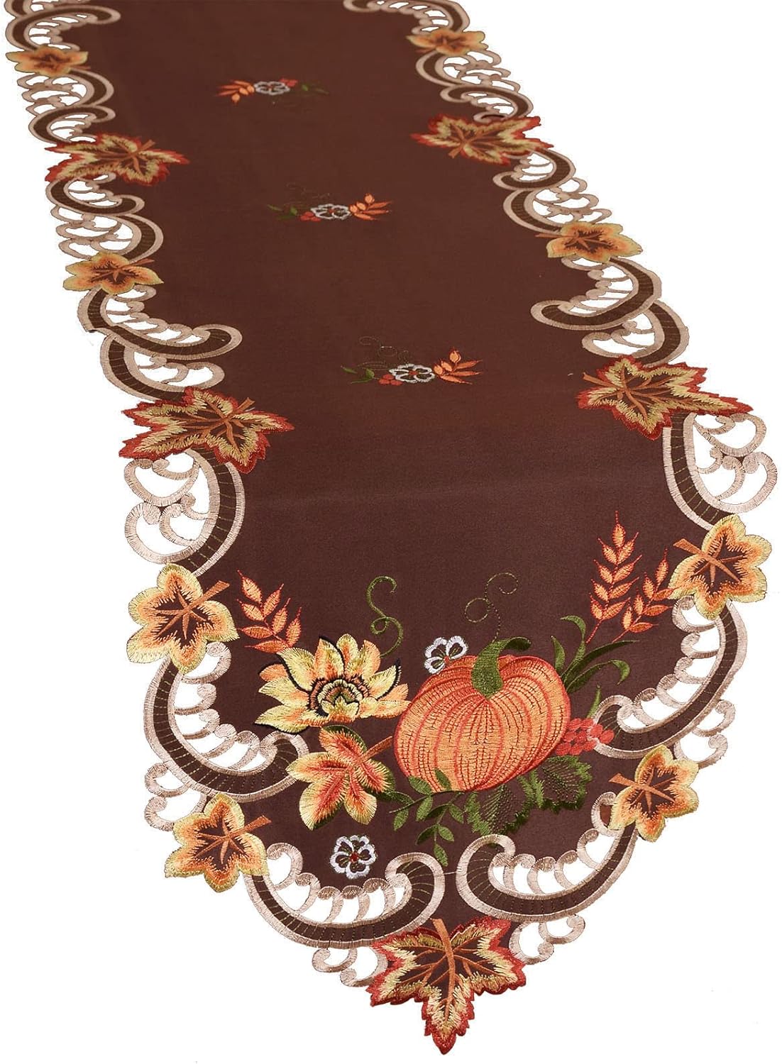 Simhomsen Brown Embroidered Thanksgiving Harvest Pumpkins Table Runners for Autumn Or Fall Decorations (14 × 89 Inches)