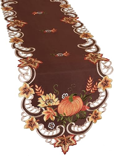 Simhomsen Caminos de mesa bordados marrones de cosecha de Acción de Gracias para decoraciones de otoño u otoño (14 x 69 pulgadas)
