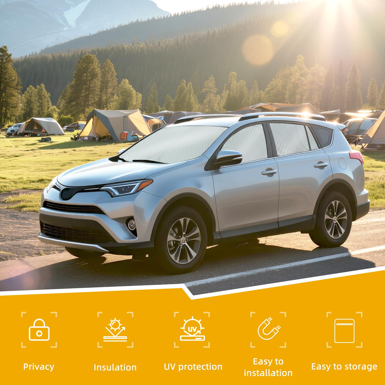 ZATOTOO Lot complet de pare-soleil de fenêtre de voiture pour Toyota RAV4 2019-2024 – Ensemble complet de housses de fenêtre triangulaires avant et arrière – Protection contre les UV et l'intimité