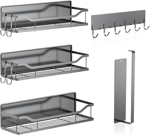 5 Pack Multifunctional Magnetic Shelves for Refrigerator Spice Rack & Washing Machine Organize, Include Paper Towel Holder, Kitchen Utensil Hanger and Hooks, Strong Magnet for Secure Hold (Gray)