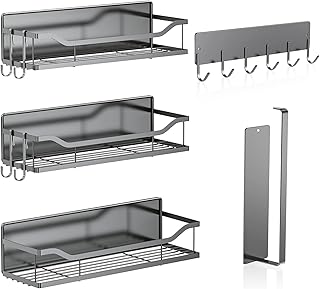 5 Pack Multifunctional Magnetic Shelves for Refrigerator Spice Rack & Washing Machine Organize, Include Paper Towel Holder, Kitchen Utensil Hanger and Hooks, Strong Magnet for Secure Hold (Gray)