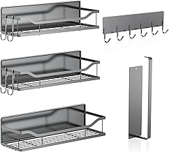 5 Pack Multifunctional Magnetic Shelves for Refrigerator Spice Rack & Washing Machine Organize, Include Paper Towel Holder, Kitchen Utensil Hanger and Hooks, Strong Magnet for Secure Hold (Gray)