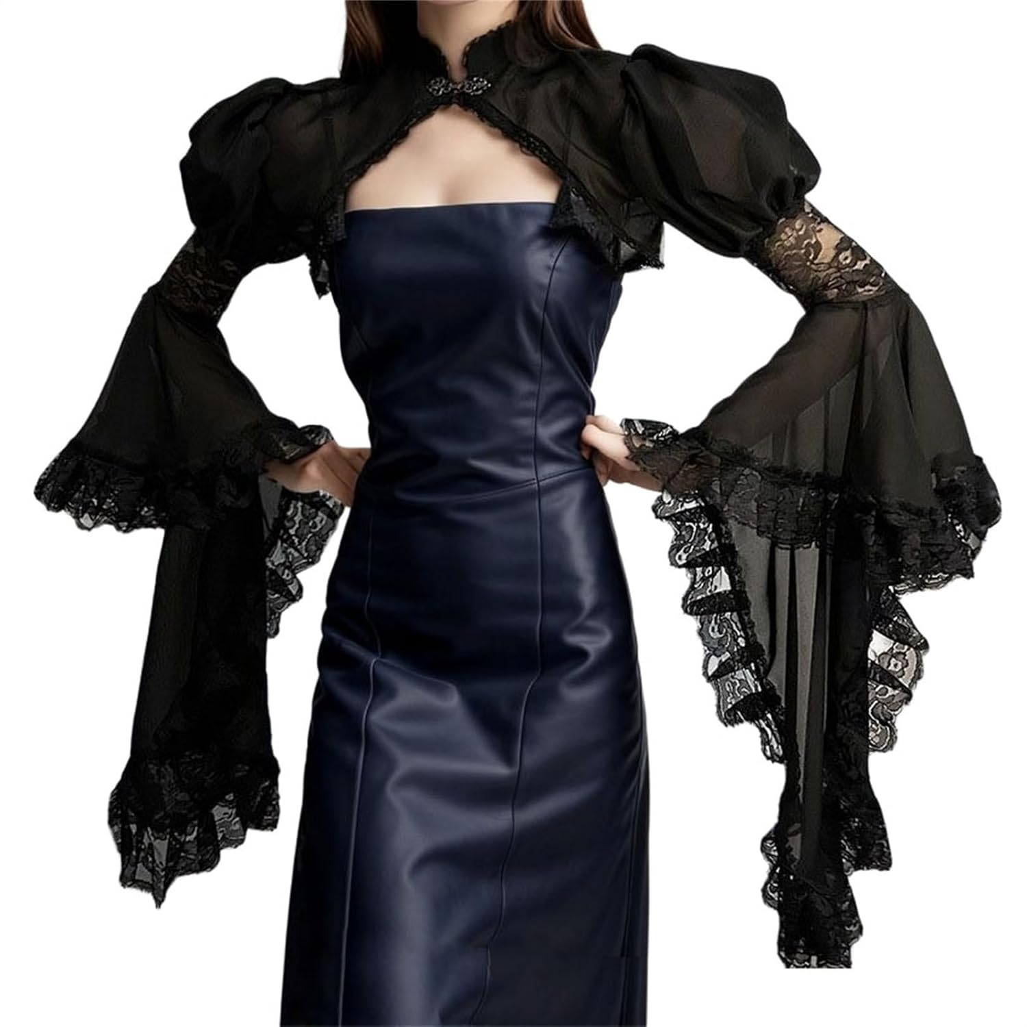 Women Renaissance Cropped Shrug Top - Sheer Mesh Flared Puff Long Sleeve Mock Neck Emo Goth Formal Dressy