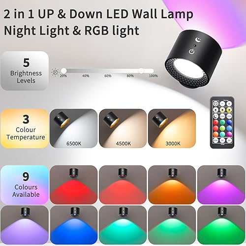 Miniatura 3 de Aplique de pared LED arriba y abajo con batería recargable de 2000 mAh, puerto USB, lámpara de pared con luz nocturna y 9 colores, bola magnética
