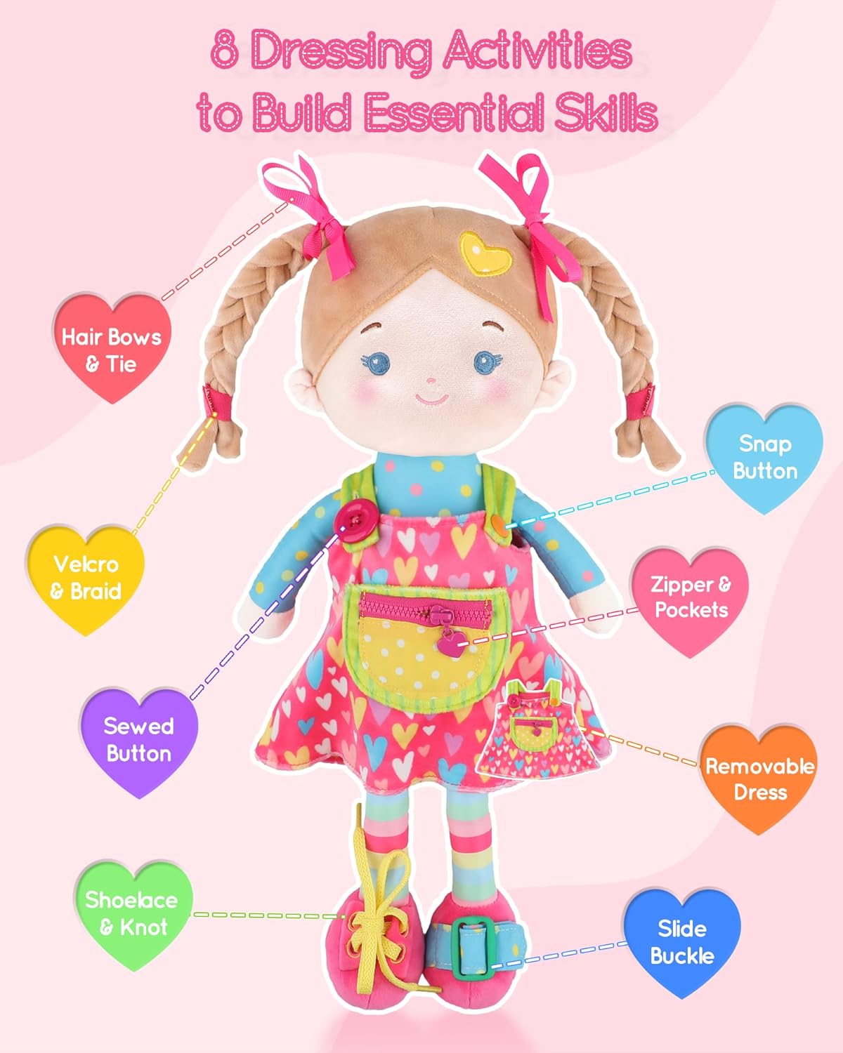 LeyaDoll Educational Soft Baby Doll(16''), Learning Sensory Doll for Toddlers, Montessori Toys for 2-Year-Old Girls Christmas, Birthday Gifts, Plush Doll with Zipper, Shoelace, Button-Busy Sweetheart