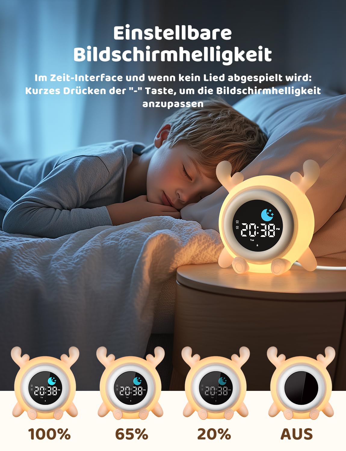 Yissvic kinderwecker Jungen, Schulanfänger Lernwecker Kinder 2 Alarme, Wochenendmodus Snooze 10 White Noise RGB Nachtlicht Wecker,Kinderzimmer Deko Rentiere