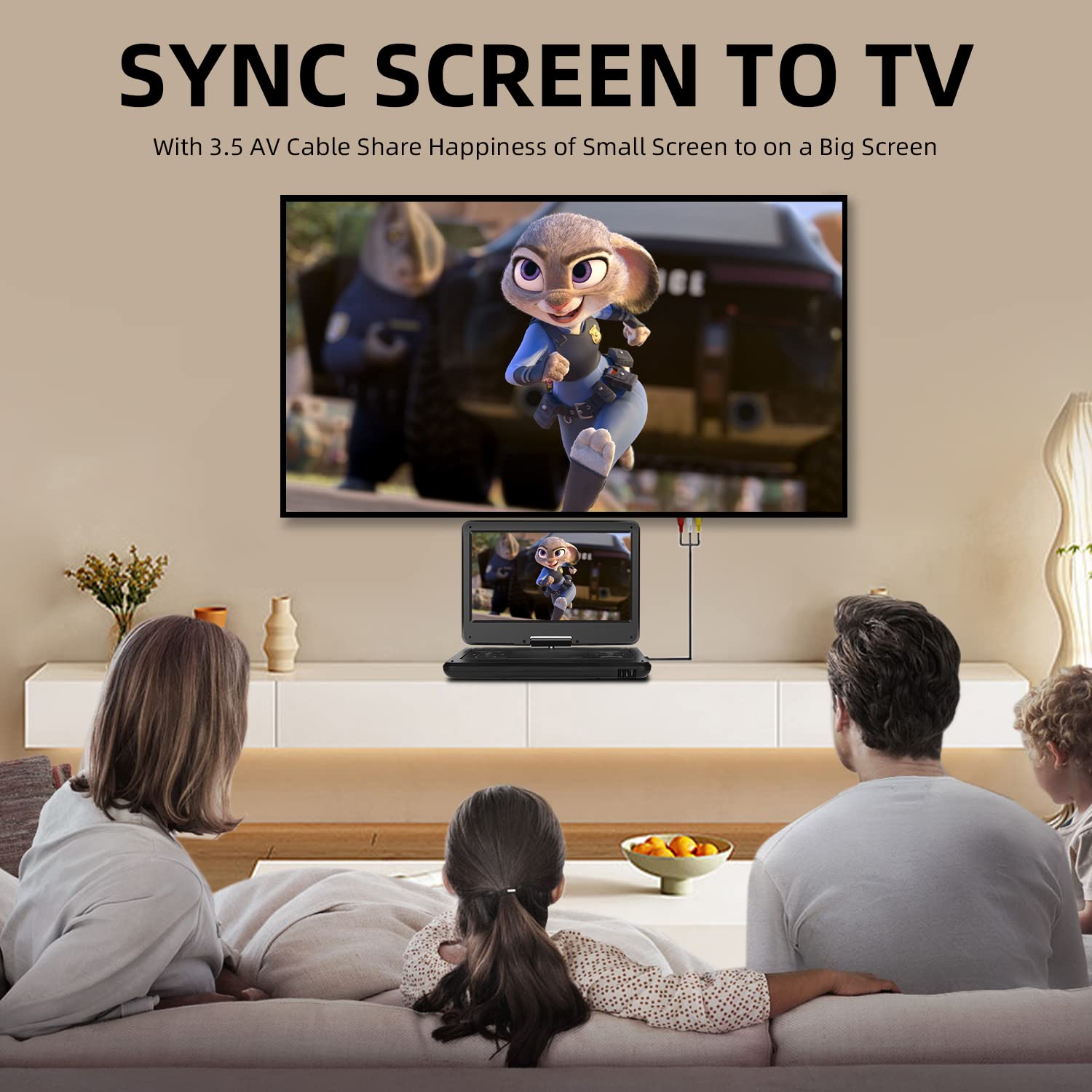 KCR 14 Pouces TV Portable/Lecteur DVD Combo avec écran LED Rotatif HD et Tuner TV DVB-T2 numérique/USB/HDMI/AV/Audio, Batterie intégrée, Double Haut-Parleur stéréo