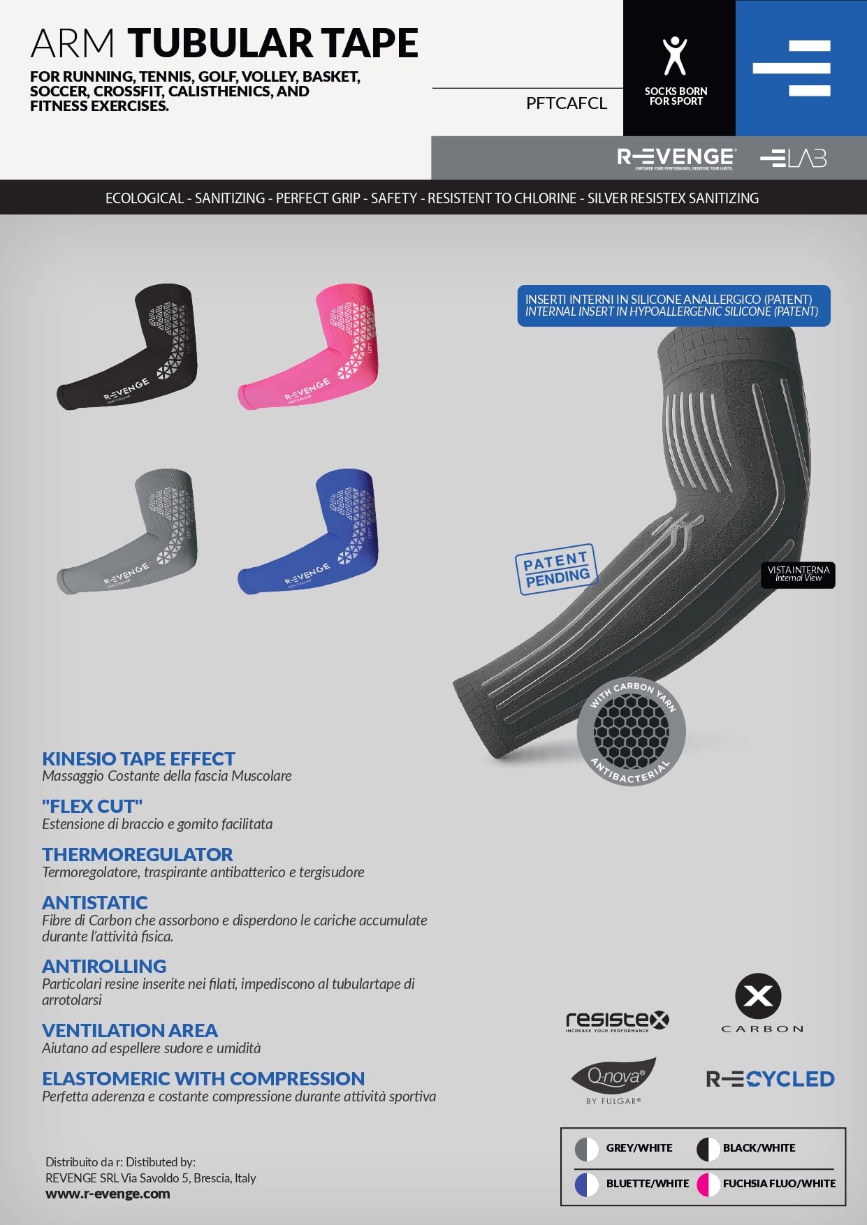 R-EVENGE Manchon bras avec inserts en silicone effet bande.Il favorise la microcirculation et prévient les blessures.Fibre de carbone thermorégulante.Idéal pour Tennis, Padel, Basket, Fitness, Bike.