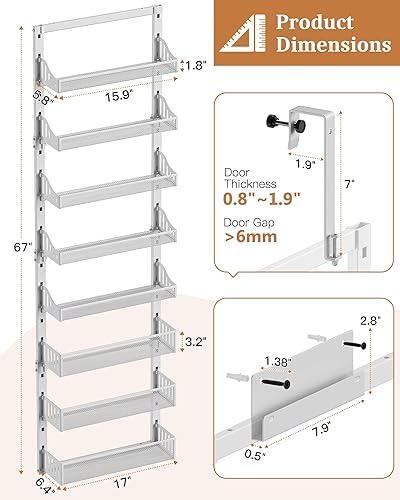 Miniatura 7 de Organizador de despensa para puerta de 8 niveles, estante de especias grande de metal para puerta con cesta ajustable, soporte de pared 2 en 1 o
