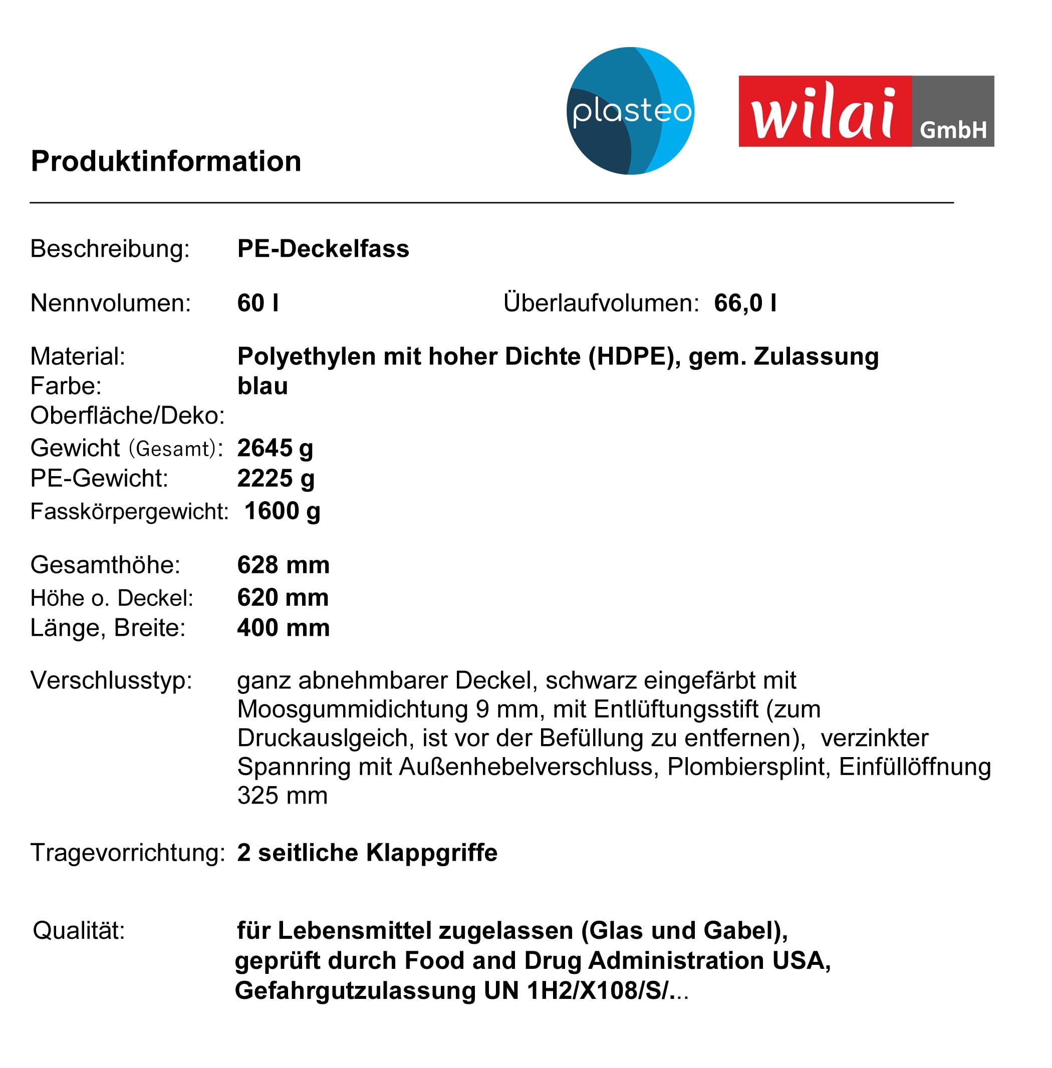 plasteo® 2 Stück: 60 L Weithalsfass mit Spannverschluss | 100% Lebensmittelecht | Universalfass | Futtertonne | Regen Maische Tierfutter Trinkwasser Camping Lagerfass | Stapelbar | Blau