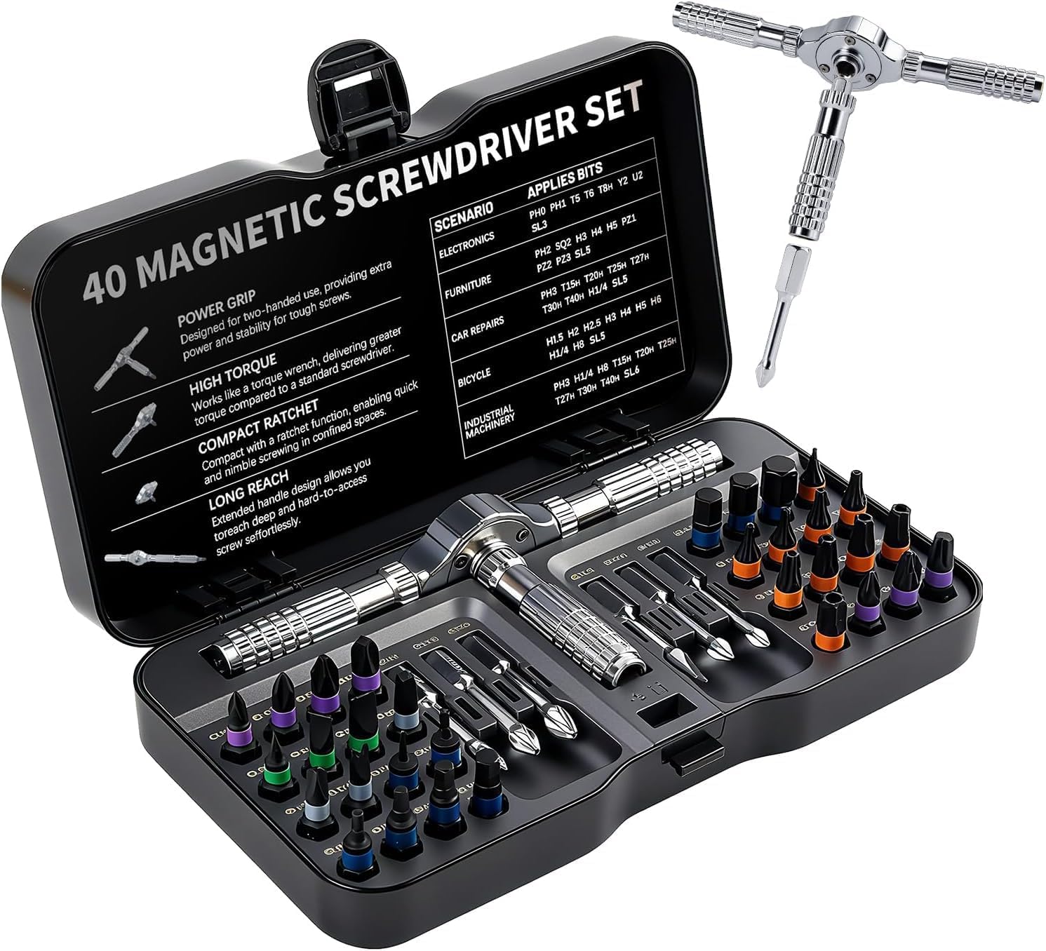 40 in 1 Magnetic Ratchet Screwdriver Set, Multi Bit Ratcheting Screwdriver Set, Detachable Magsnap Allen Wrench Ratchet Precision T-Handle, Portable Tool Kit for Furniture, Bicycle, DIY Repair, Black