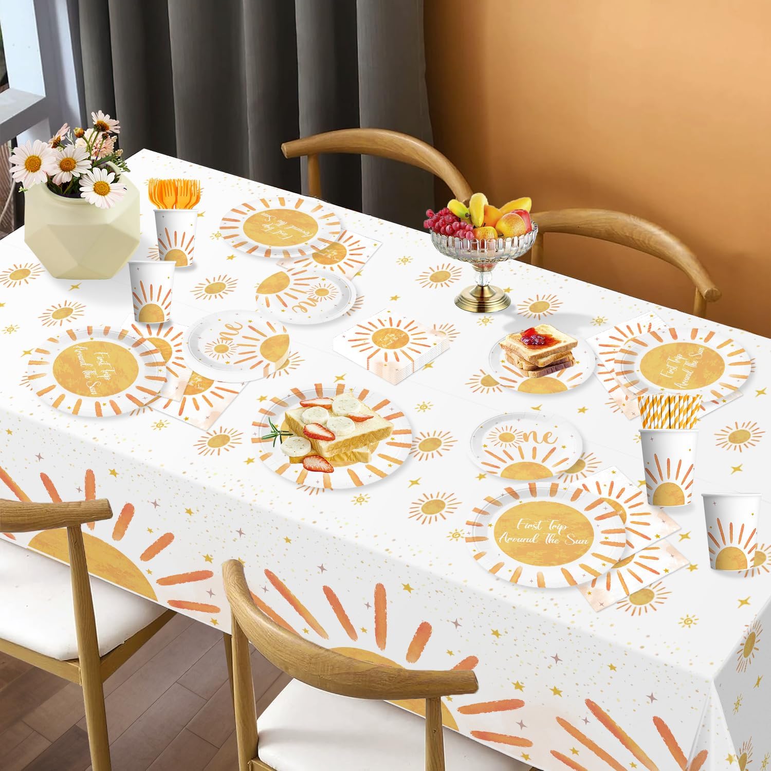 Cocomigo 232pcs First Trip Around the Sun Decorations, One-stop Package Includes 59.1 x 39.4 in Backdrop 40 First Trip Around the Sun Plates 100 Balloons for First Birthday Party