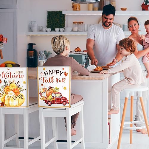 Miniatura 6 de Blulu 4 piezas de fundas de respaldo para silla de otoño, diseño de calabaza, gnomo, camión, cosecha, fundas para sillas de comedor, fundas de