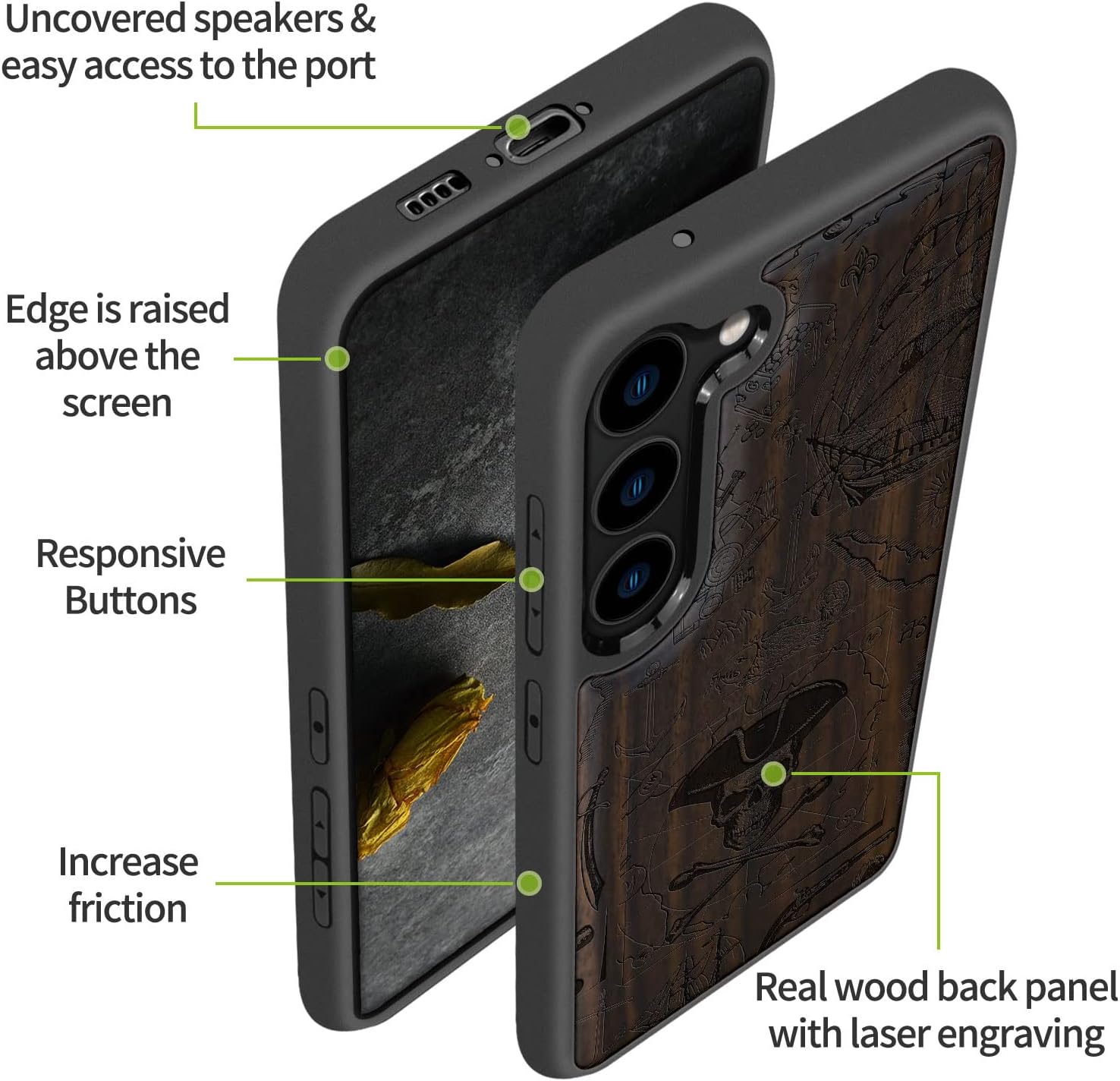 Carveit Wood Case for Galaxy S23 Case [Natural Wood & Black Soft TPU] Shockproof Protective Cover Unique & Classy Wooden Design Compatible with Samsung S23 (Pirate Flag-Blackwood)