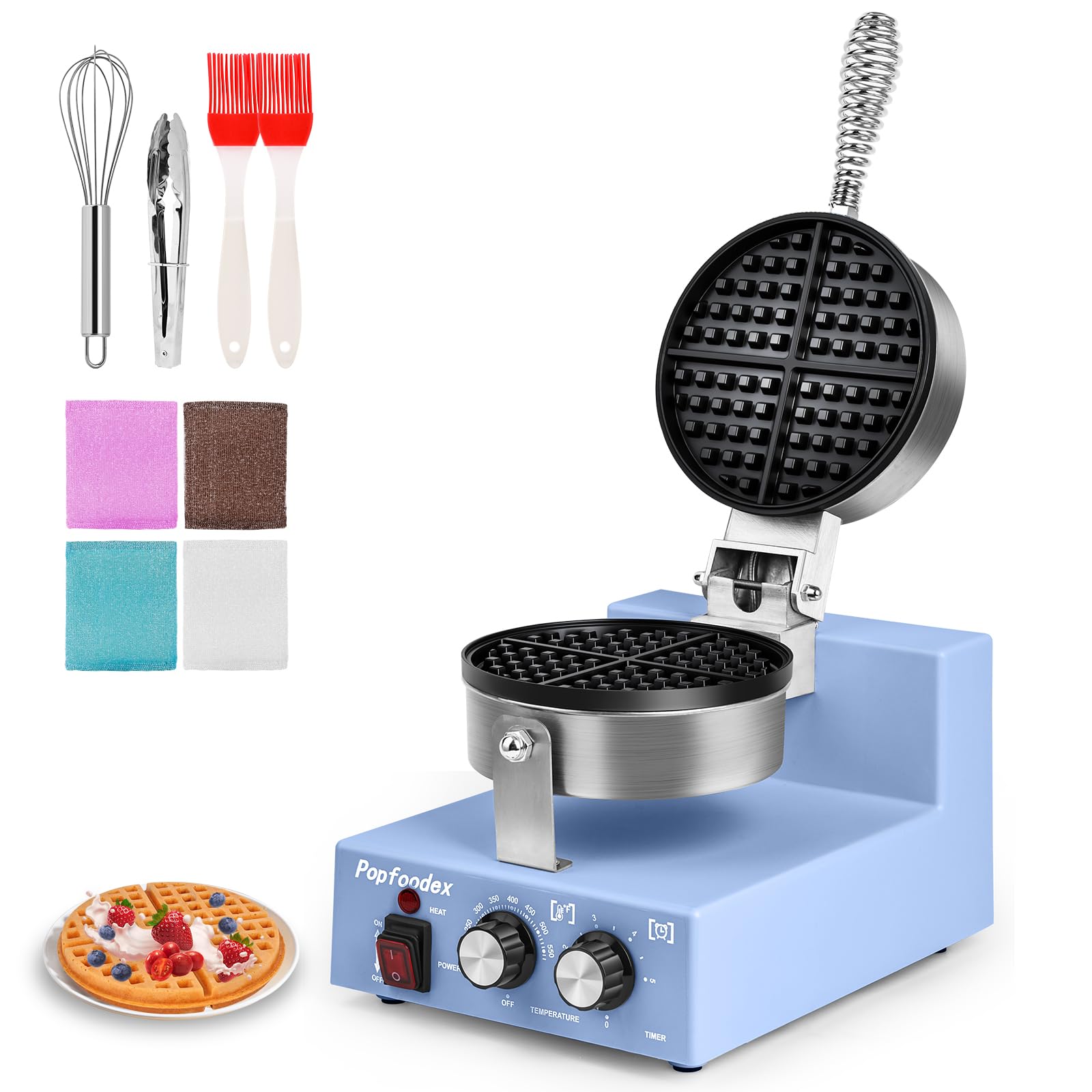 Commercial Waffle Maker for Restaurant, 110V Electric Waffle Maker w/Non-stick and 122–572°F Adjustable Temp, 1200W Profession Waffle Iron with Timer and Heavy Duty, Hotel Waffle Machine