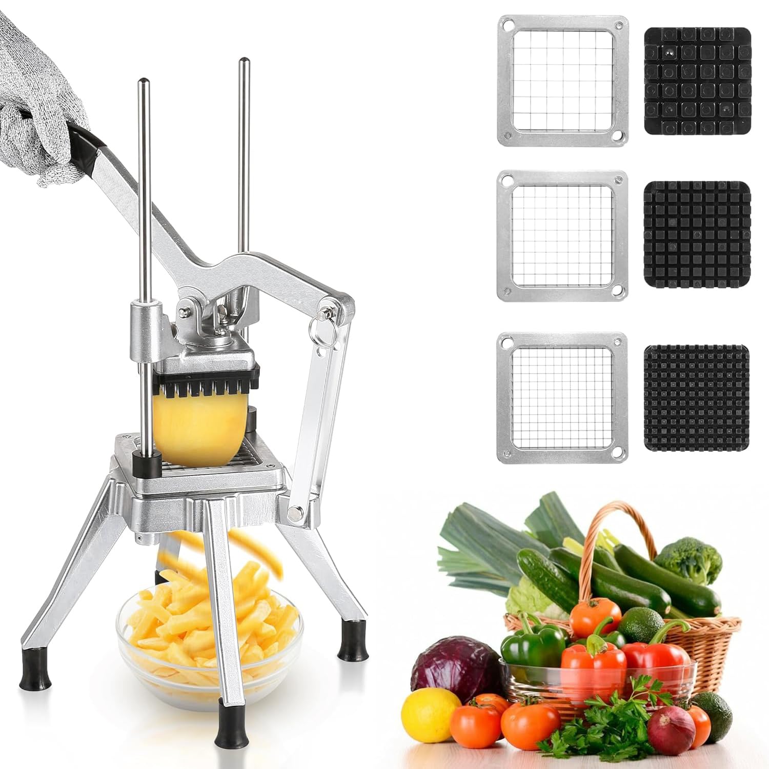 Zertylre Commercial French Fry Cutter with 3 Replacement Blades Vegetable Chopper Stainless Steel French Fry Cutter Potato Dicer & Slicer Commercial Vegetable Fruit Chopper for Restaurants & Home