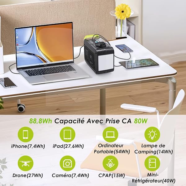 MARBERO Station Électrique Portable 24,000mAh Generateur Electrique Portable 88,8Wh Batterie Externe avec Prise 80W 220V USB C LED Batterie de Secours pour Camping Domestique Voyage Jardin Urgence - 3