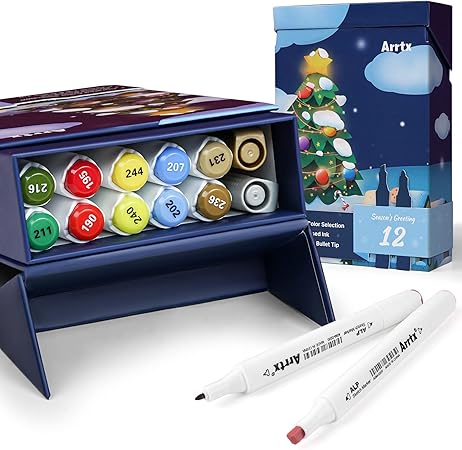 Amazon Arrtxクリスマス 限定セット マーカーペン Alpアルコールマーカー 太細両端 イラストマーカー 12色 画材 手帳 イラスト 色塗り 塗る絵 カード Diy 漫画 スケッチ 子供 大人 プレゼント 12色 クリスマスセット アートマーカー 文房具 オフィス用品