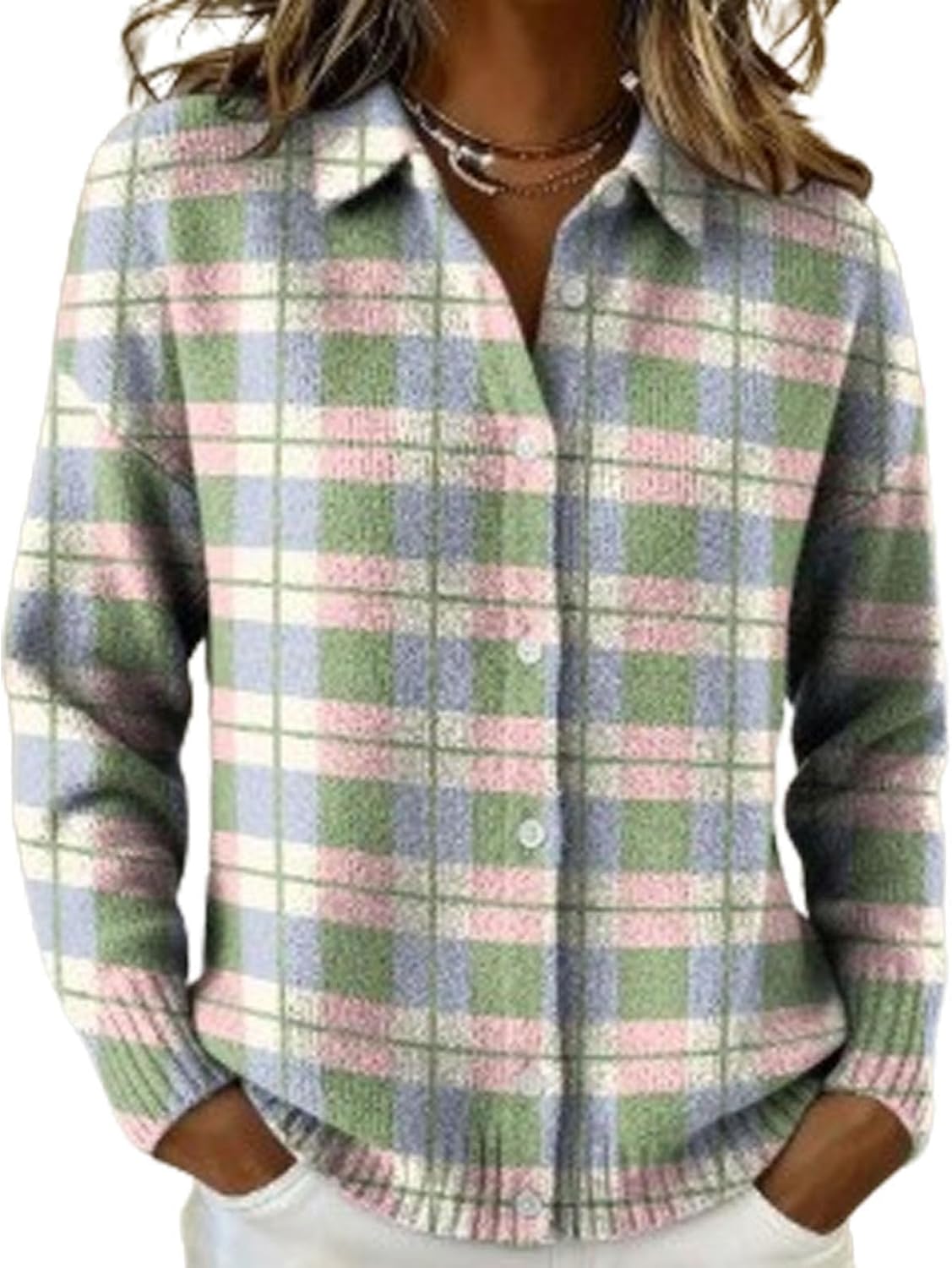 Women's Plaid Print Casual Cotton Buttoned Cardigan Sweater