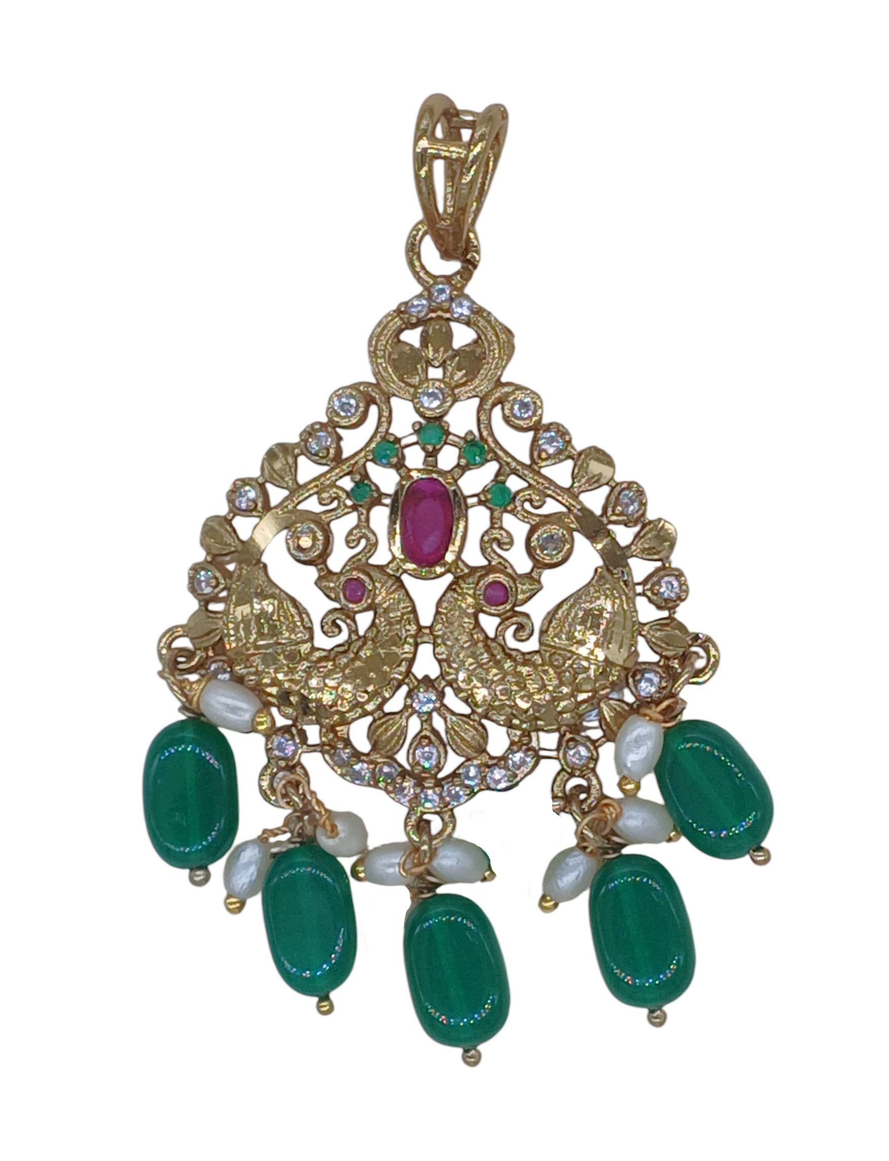 Gvg Plating Attigai Pendant Necklace For Women & Girls | Golden Toned Neck Piece With Green & White Stones & Pearls | South Indian Classical Dance Accessories | Traditional Temple Long Haram Jewellery-image-6