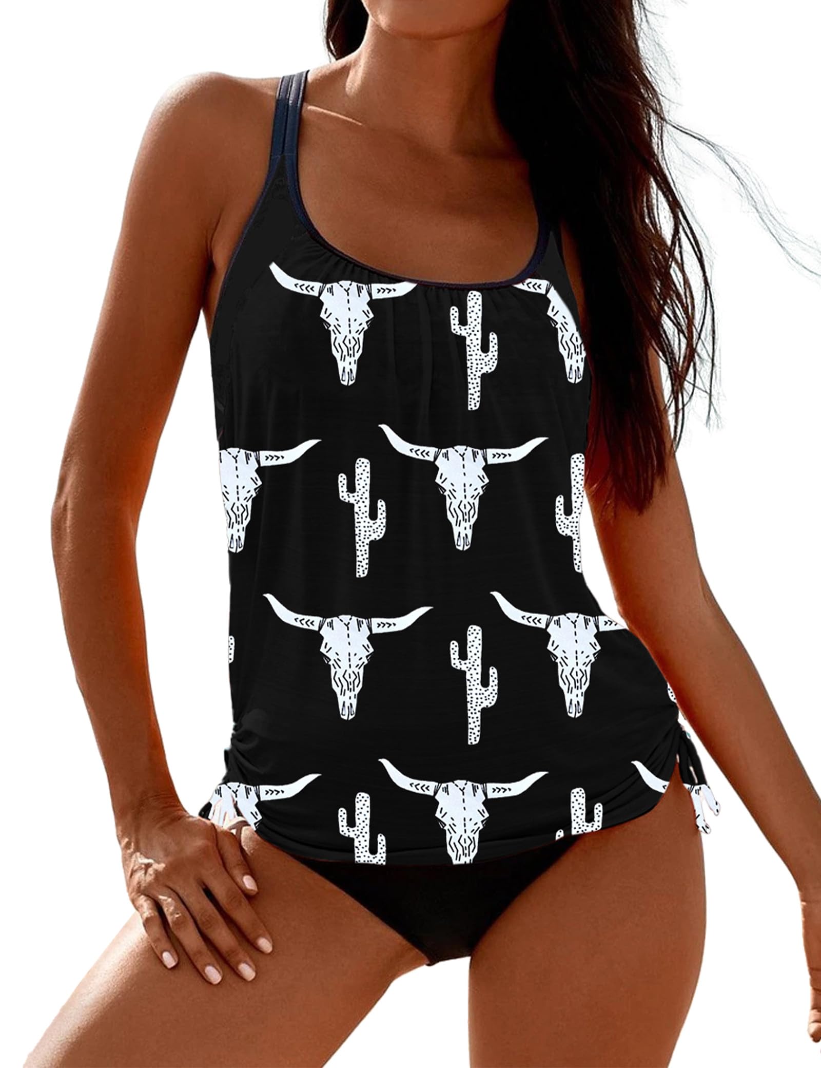 SHESHOW Cowgirl Style Tankini Swimsuits for Women Scoop Neck Ruched Blouson and Bottom 2 Piece Bathing Suits S-XXL
