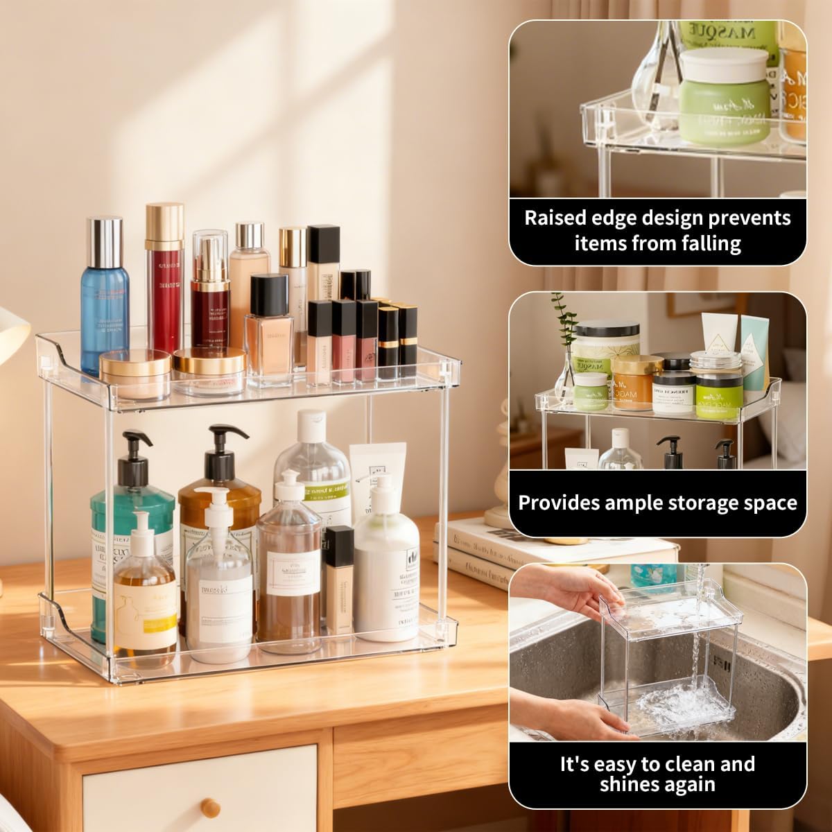 2 Tier Bathroom Organizer Countertop, Clear Acrylic Bathroom Counter Organizer, Corner Makeup Organizer, Makeup Perfume Tray, Vanity Storage Tray for Bedroom, Bathroom, Kitchen, Living Room