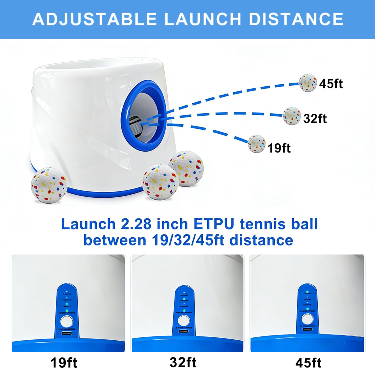 Lanzador automático de pelotas para perros con 6 pelotas de tenis ETPU, lanzador de pelotas de perro para perros pequeños y medianos, 3 distancias ajustables de 19 a 45 pies, máquina interactiva de