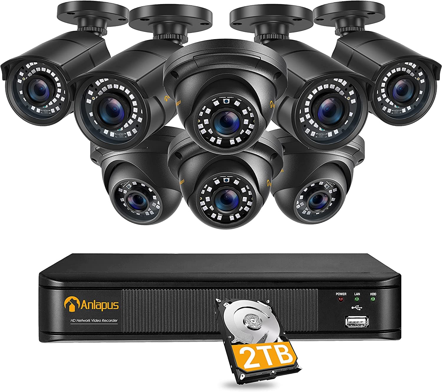Anlapus 5MP POE CCTV Camera System with 2TB Hard Drive, 8CH NVR Recorder with 8x 5MP IP POE Security Camera,100ft Night Vision, IP66,Metal Casing