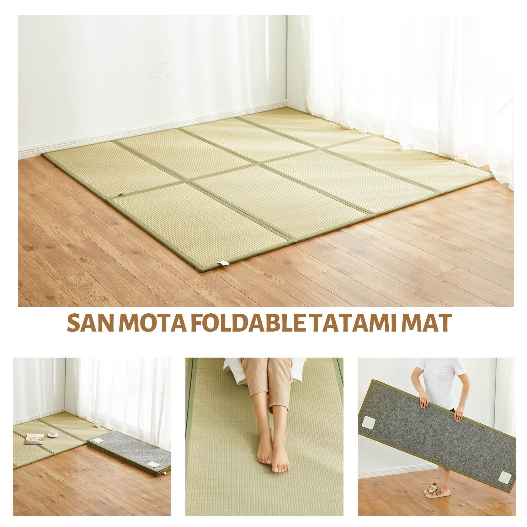 Alfombrillas de tatami japonés individual, se pliega en cuatro de 79 x 39 x 0.6 pulgadas, tapete de tatami 100% de hierba rush, tapete de tatami antideslizante para dormitorio, tapete de 6
