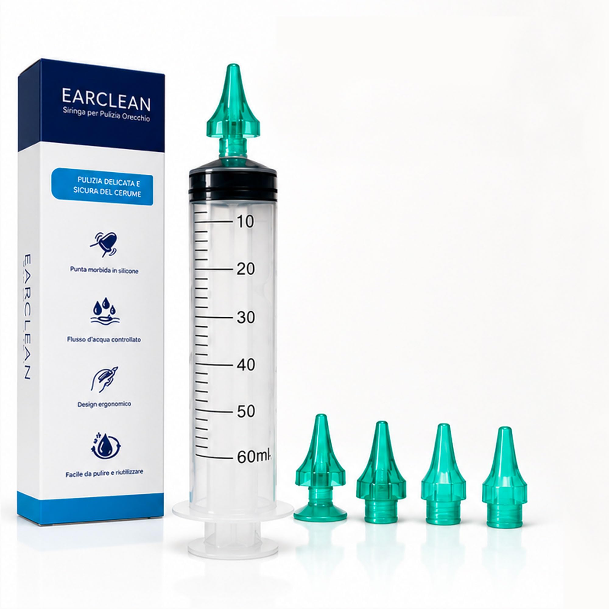 ALL4US® - Kit Pulizia Orecchie con Siringa Auricolare 60 ml, 4 Punte Morbide a Cono, Sistema per Lavaggio Orecchie e Rimozione Cerume, Kit Irrigazione Auricolare per Uso Domestico