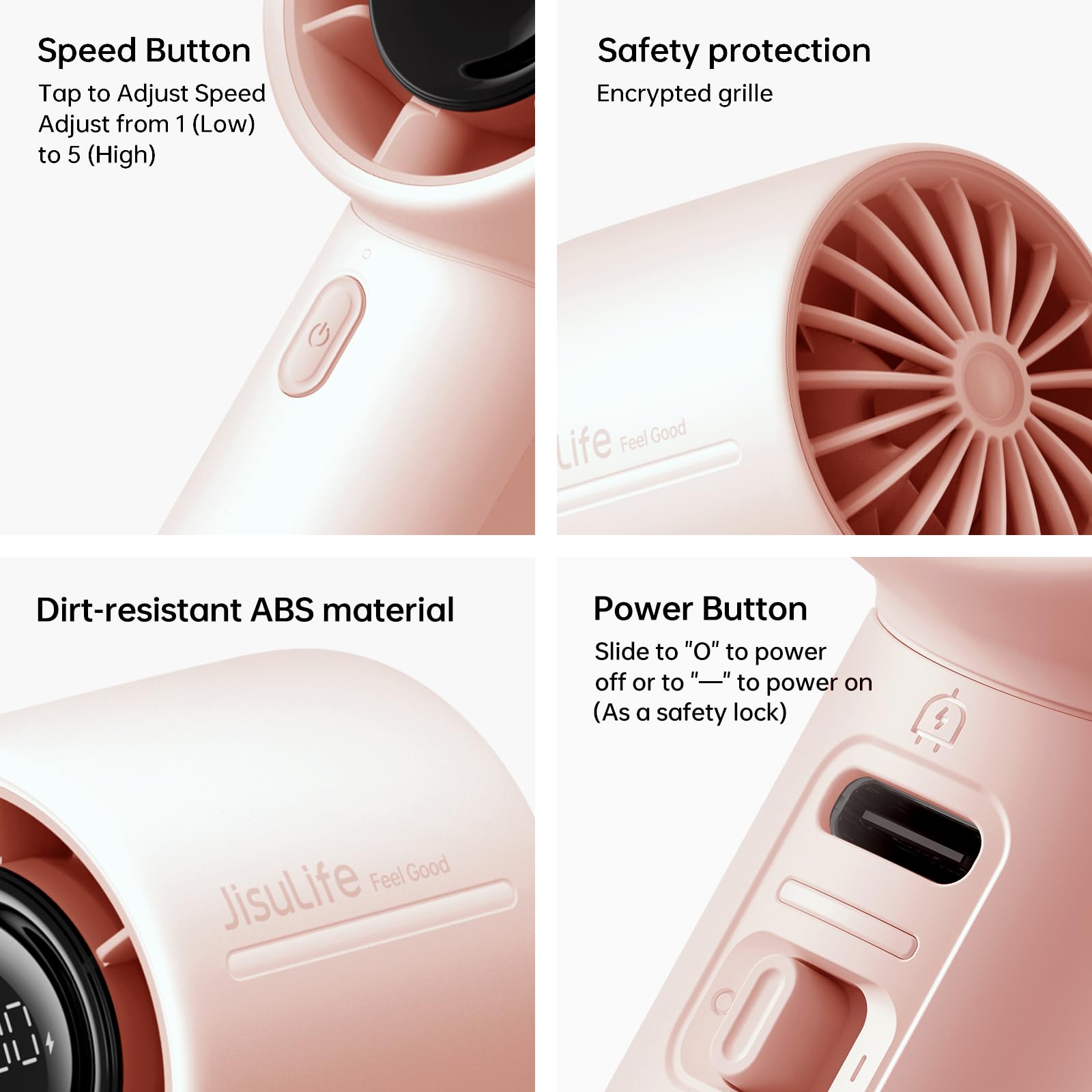 JISULIFE Przenośny wentylator turbo 5000 mAh, do 28 godzin pracy, silny wiatr przy 5 prędkościach, osobisty mini wentylator na podróż, kemping, plażę, makijaż (różowy)