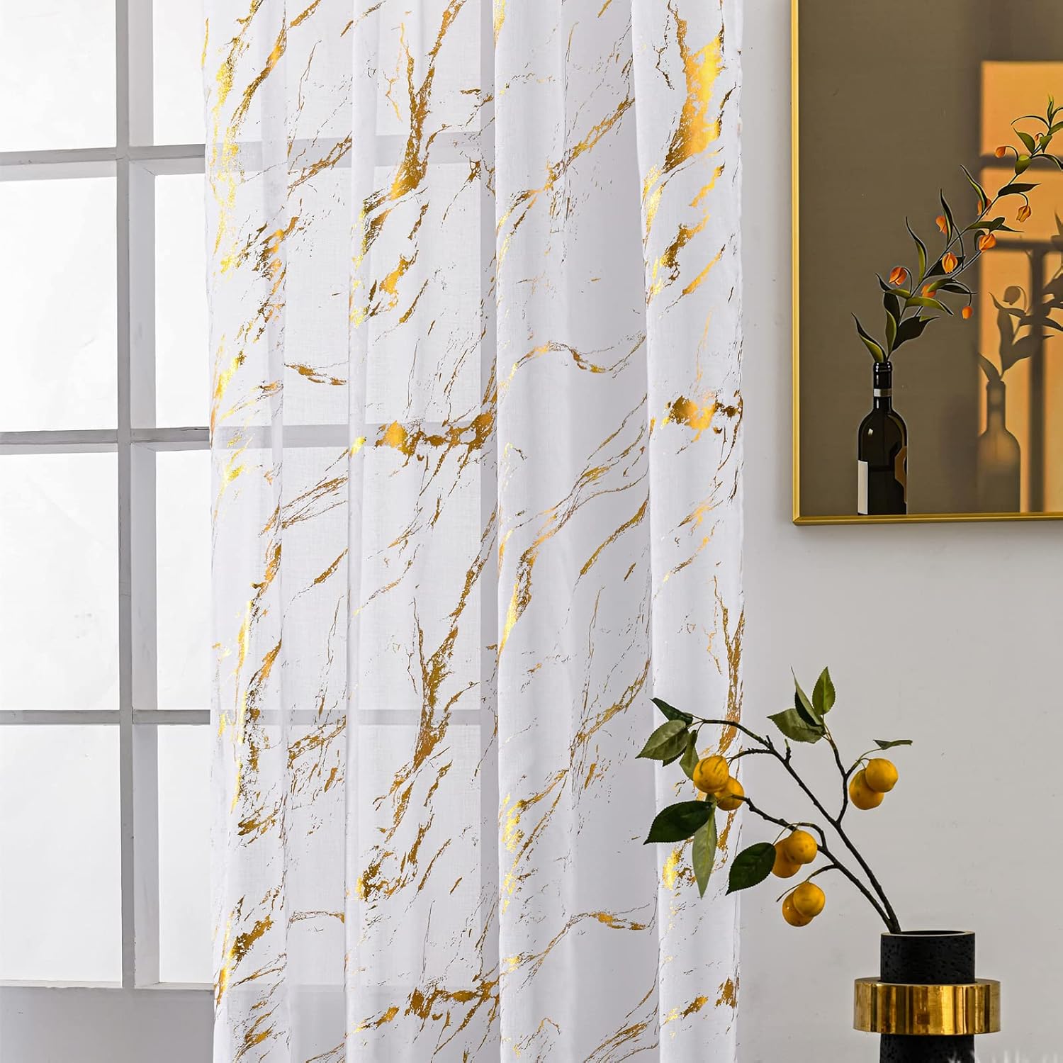 Gold White Marble Sheer Curtains 2 Panels, Metallic Golden 96 Inch Length for Bedroom Living Room, Rod Pocket Privacy Sparkle Glitter for Holiday Decor Window Treatments, 52" X 96"
